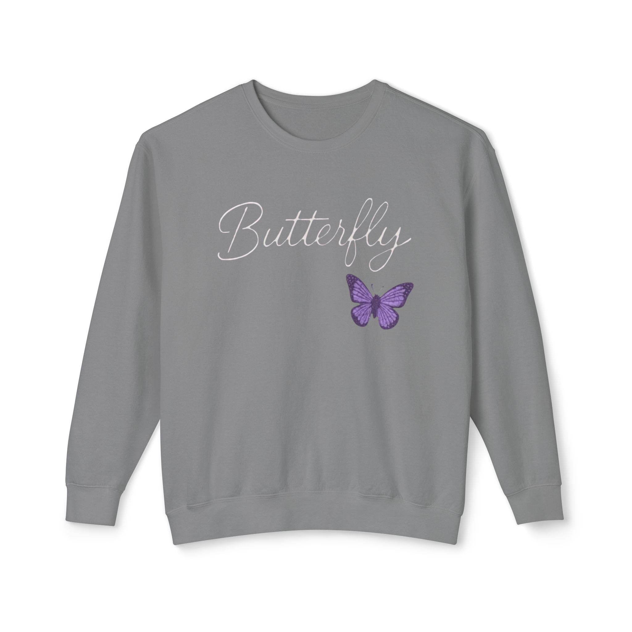 Butterfly Script Crewneck Sweatshirt — Purple Butterfly Graphic