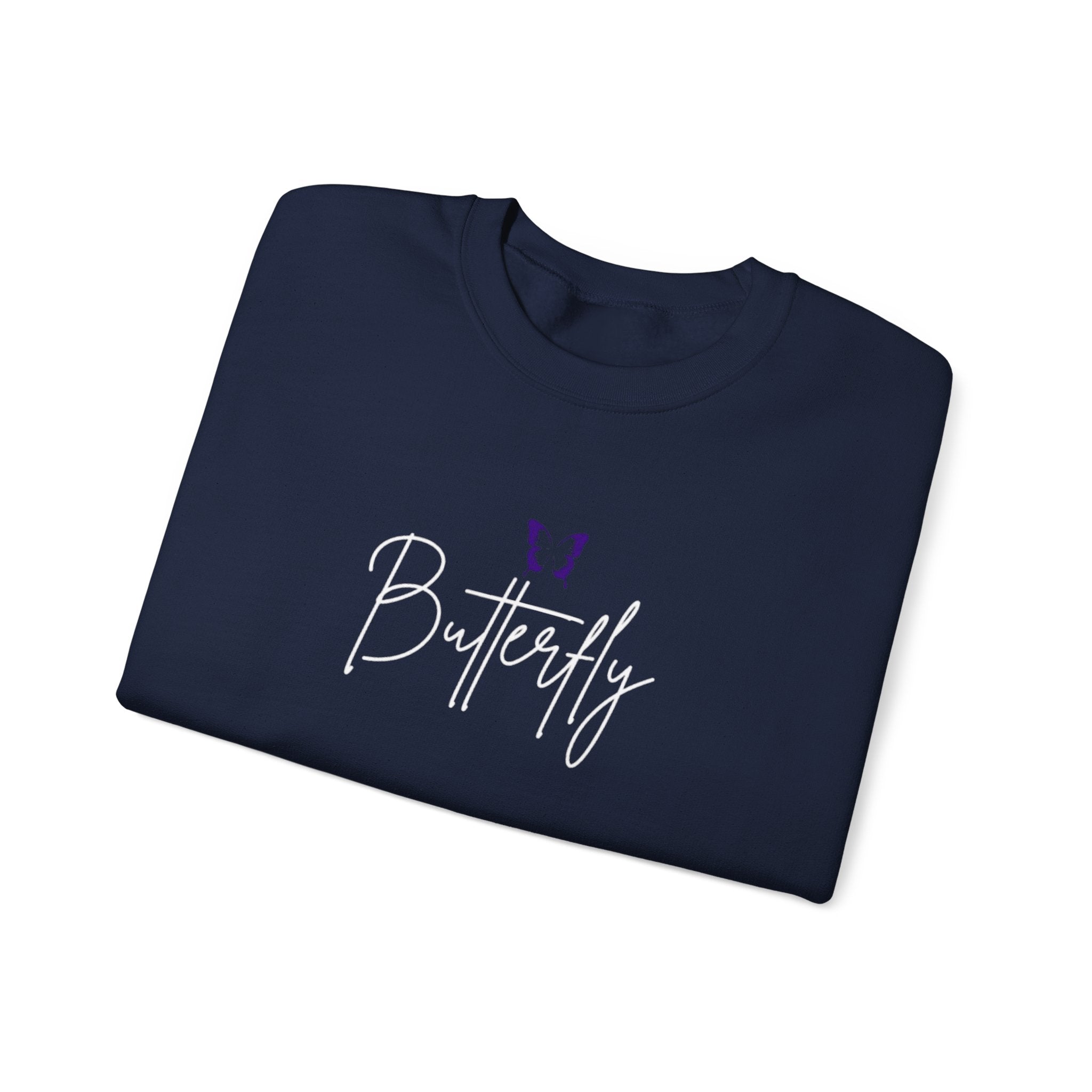 Butterfly Script Crewneck Sweatshirt — Purple Butterfly Graphic