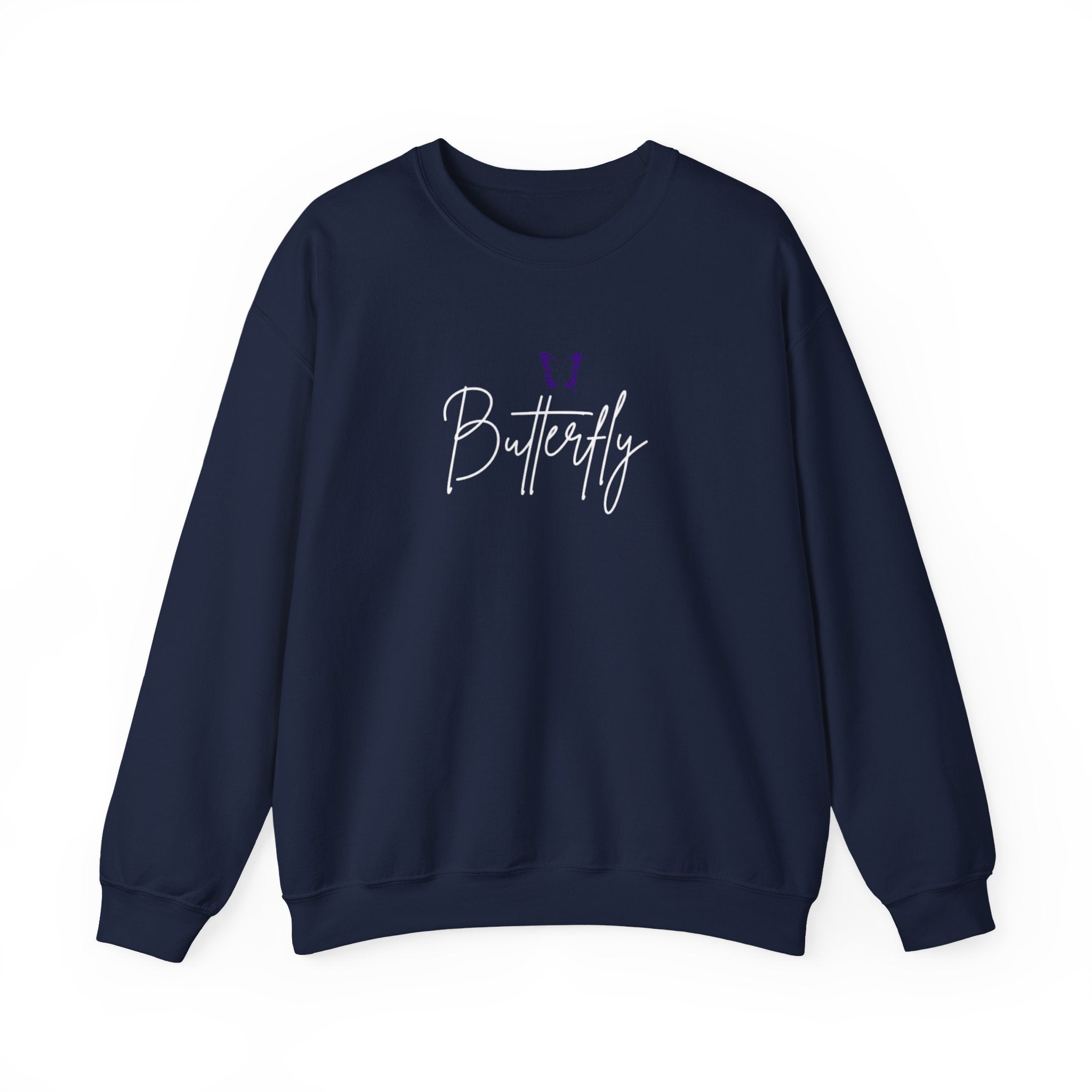 Butterfly Script Crewneck Sweatshirt — Purple Butterfly Graphic