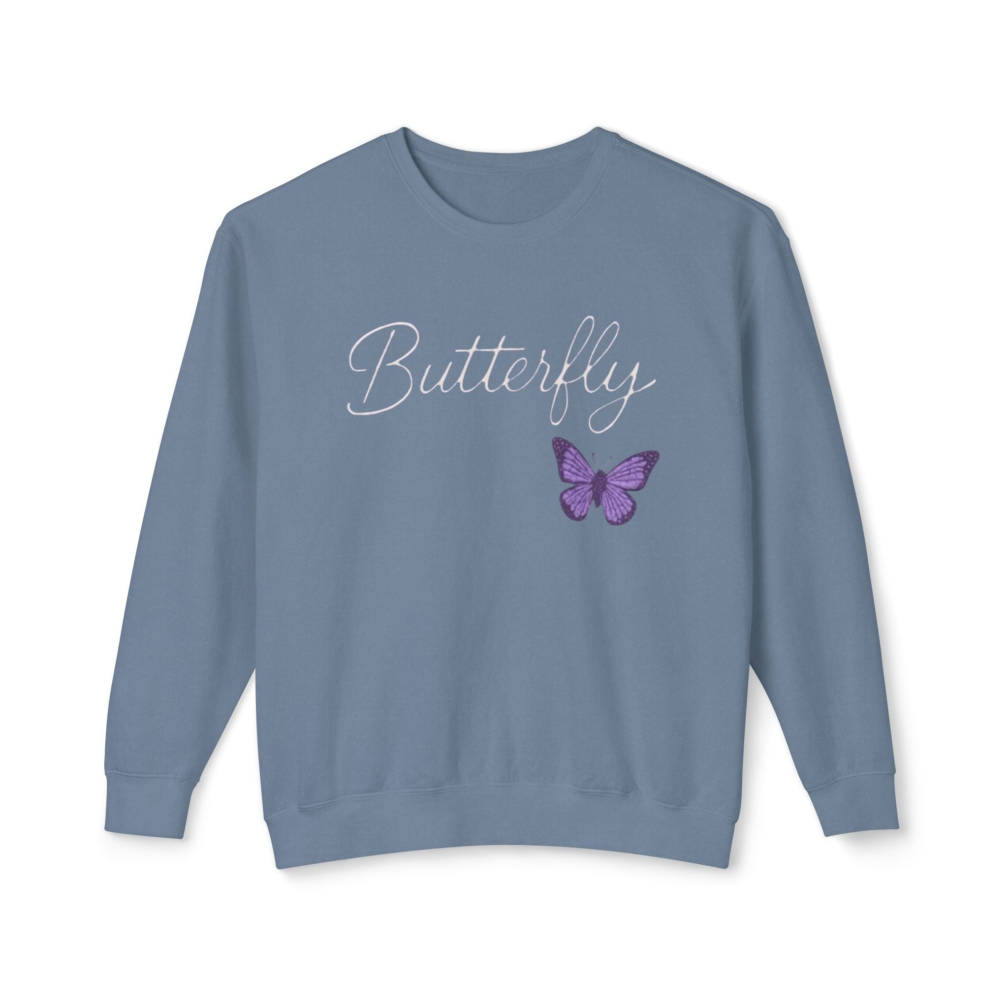 Butterfly Script Crewneck Sweatshirt — Purple Butterfly Graphic