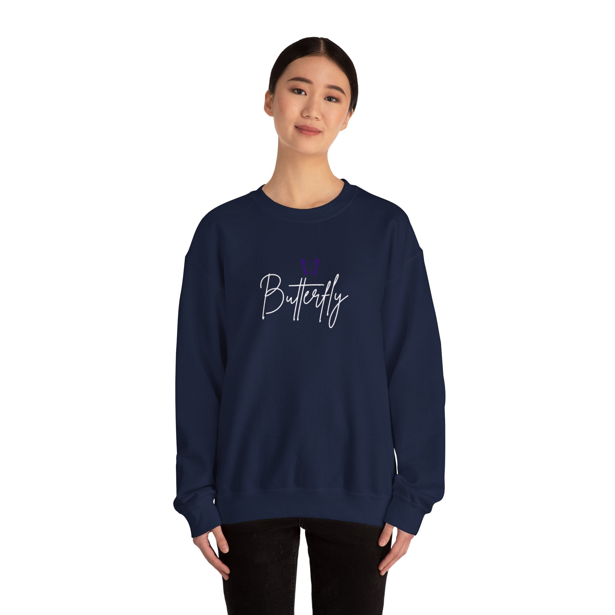 Butterfly Script Crewneck Sweatshirt — Purple Butterfly Graphic