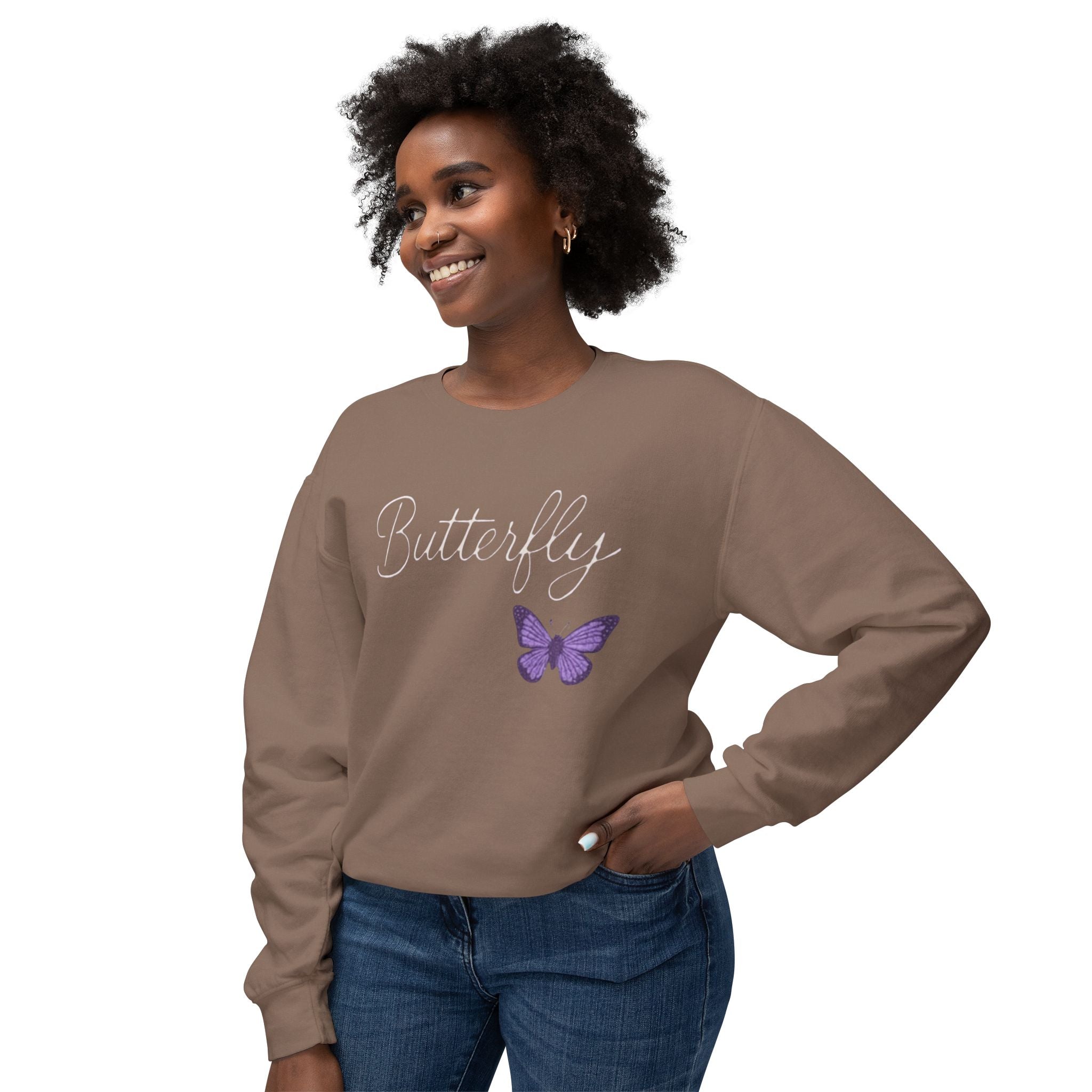 Butterfly Script Crewneck Sweatshirt — Purple Butterfly Graphic