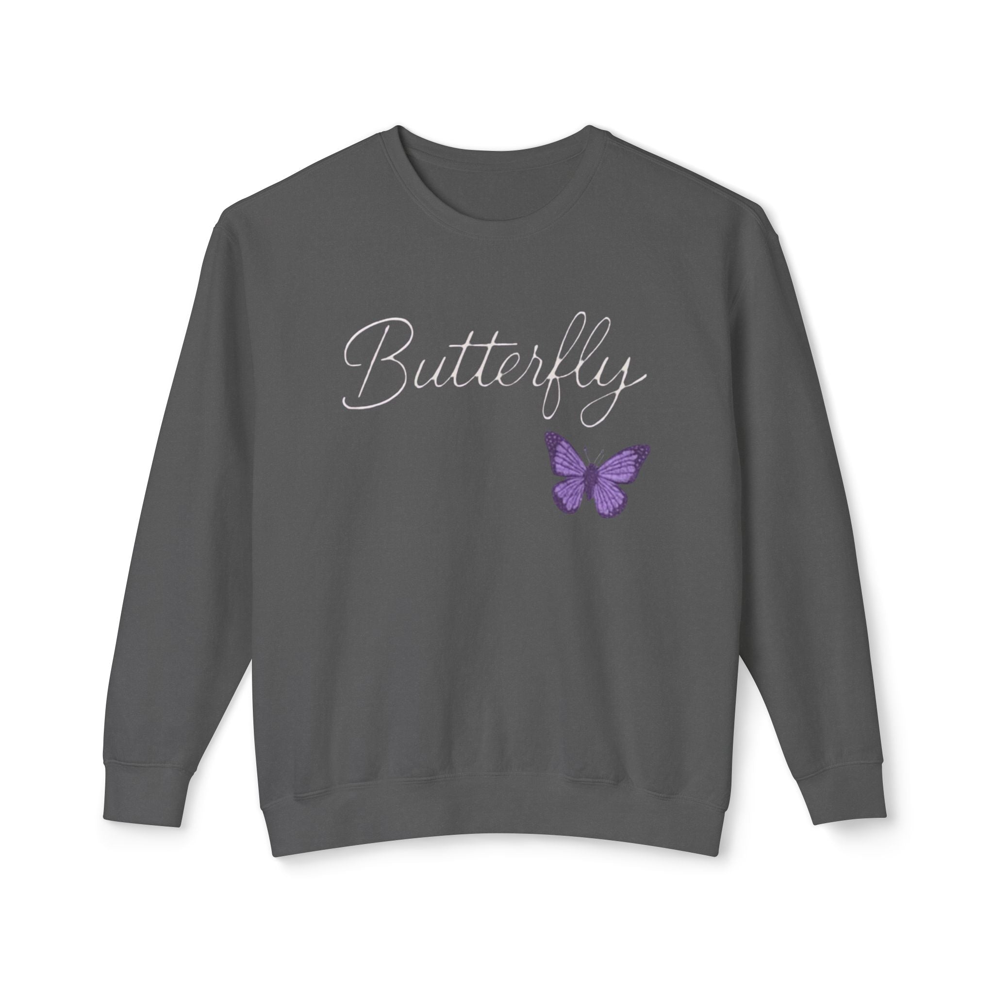 Butterfly Script Crewneck Sweatshirt — Purple Butterfly Graphic